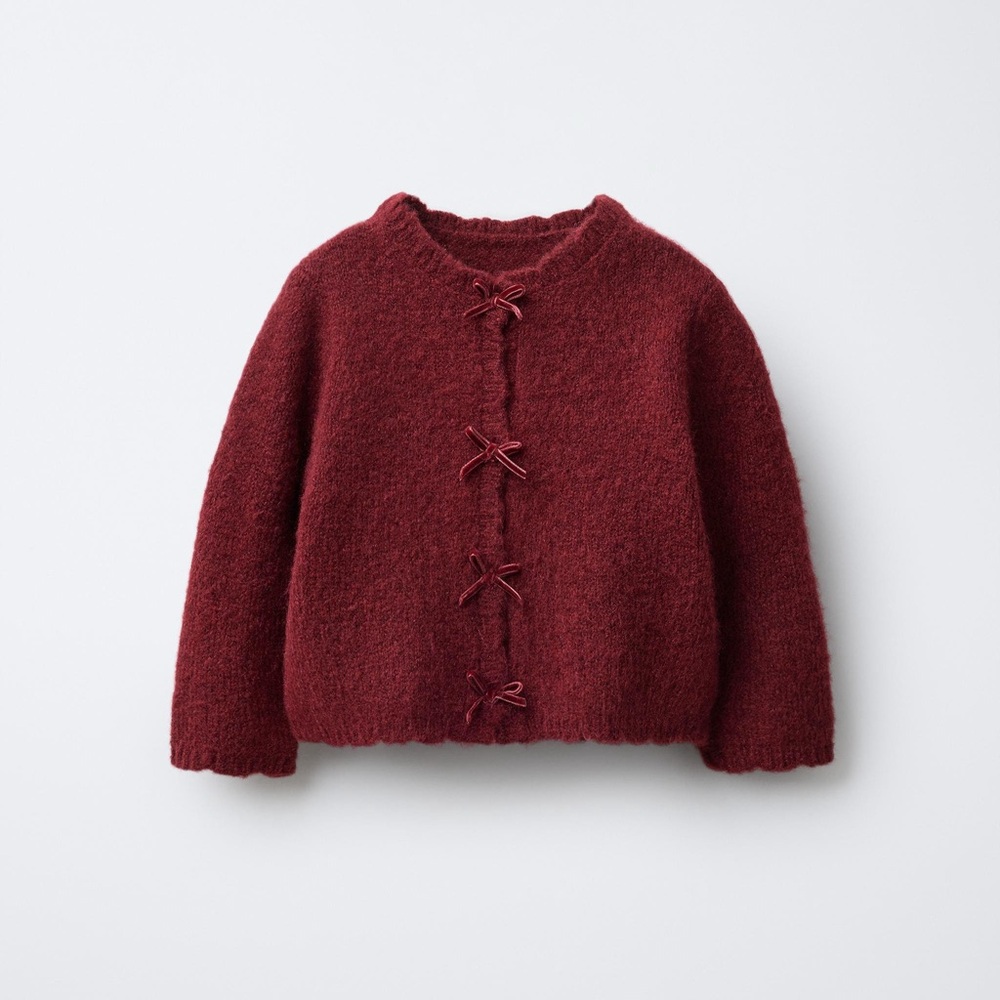 Zara Burgundy Knit Cardigan with Bow Ties
